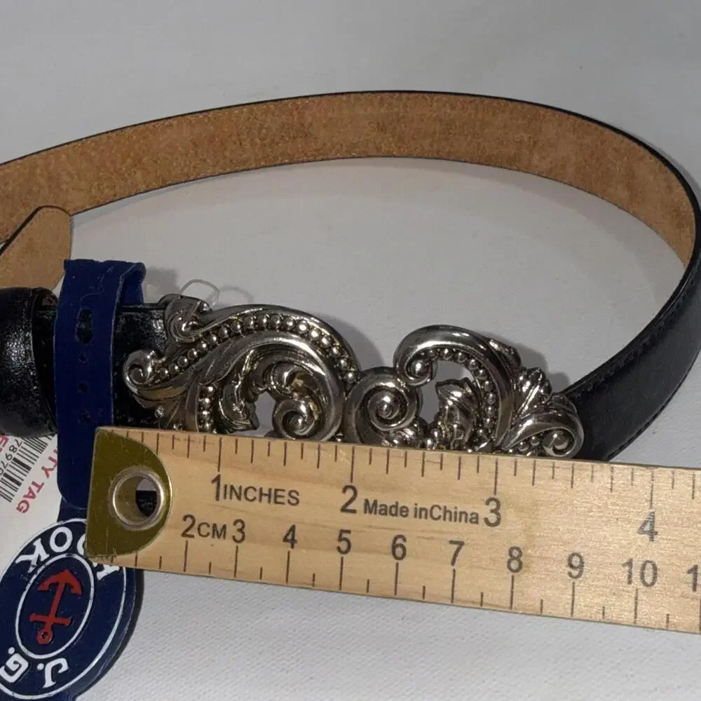 90’s Y2K J.‎ G. Hook BLACK LEATHER SILVER SWIRL WESTERN BUCKLE BELT Small NWT